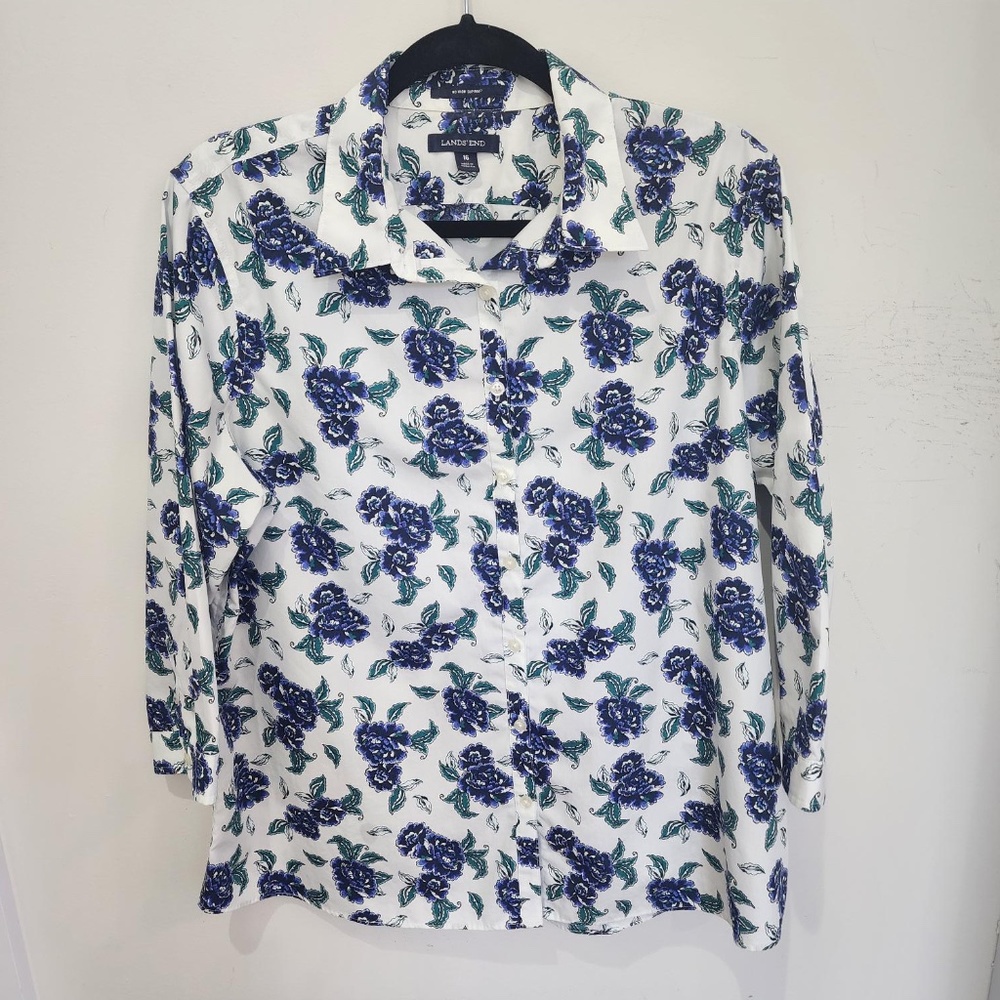 LANDS END WRINKLE FREE NO IRON FLORAL BUTTON DOWN TUNIC BLOUSE-SIZE 16